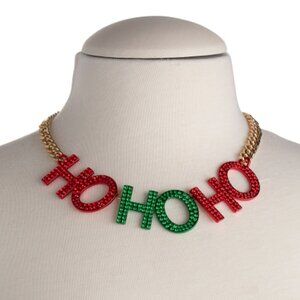 NWT BETSEY JOHNSON Red Green Gold Christmas Crystal Ho Ho Ho Statement Necklace